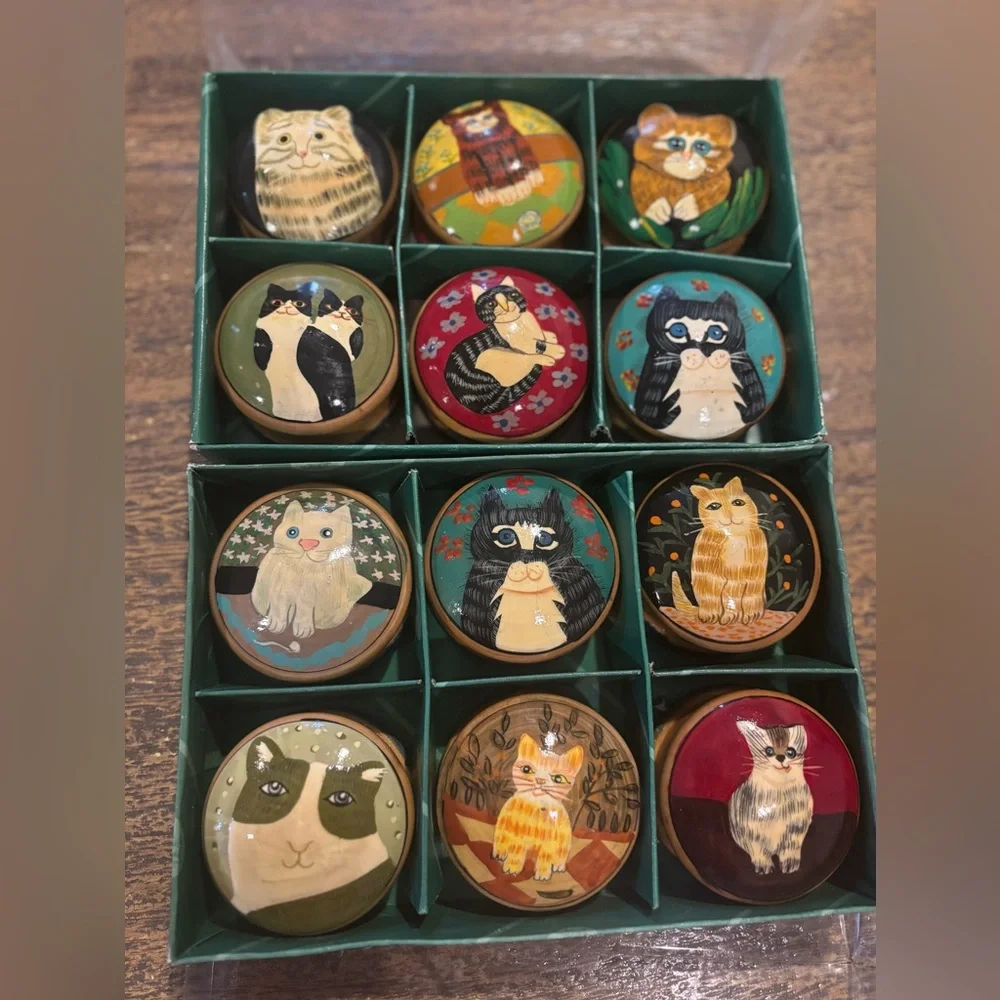 12 Handcrafted Cat Small Wooden Box Set - Multicolor